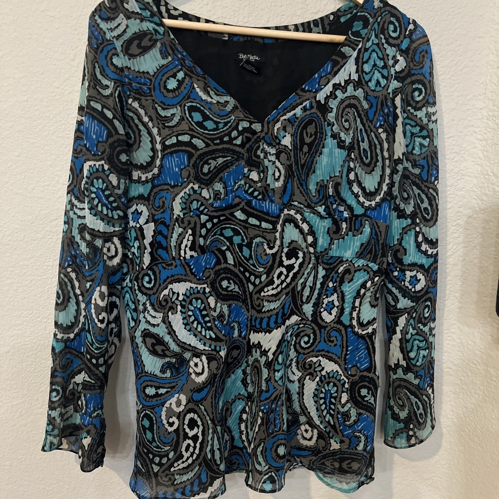 Bob Mackie Blouse BLACK/BLUE/TEAL Paisley Print Side Zip SZ 12 ***FLAW*** - Picture 2 of 6